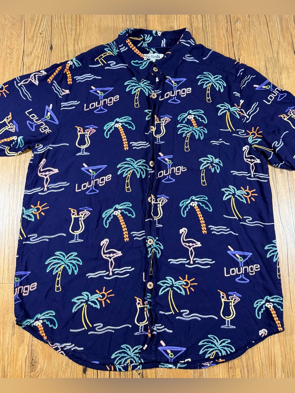 Joe Marlin Lounge Shirt Mens M Navy Neon Tropical Rayon Hawaiian Button Up